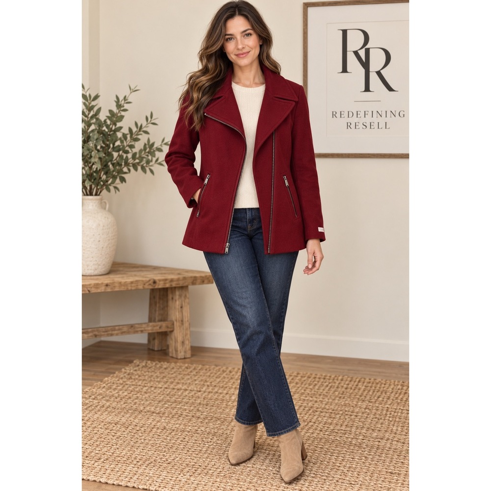Calvin Klein Womens Red Wool Blend Asymmetrical Moto Jacket CW588327 Size M NEW